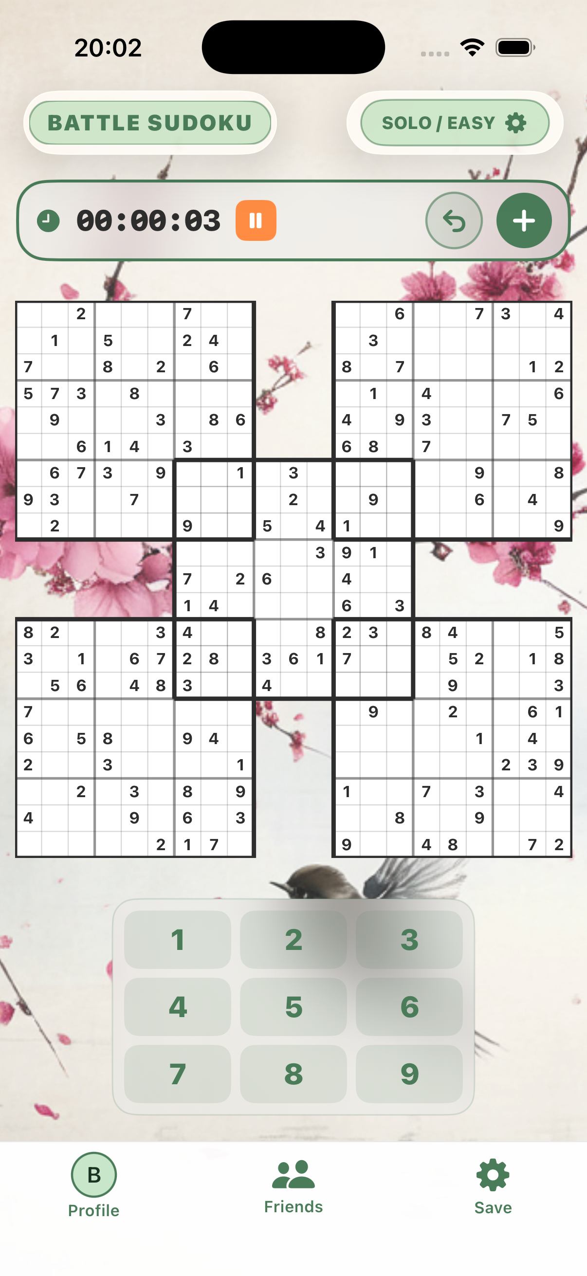 Battle Sudoku Solo mode on iPhone — a 21×21 Samurai Sudoku board over a hand-painted sunset warrior wallpaper, with the running timer and Easy difficulty
