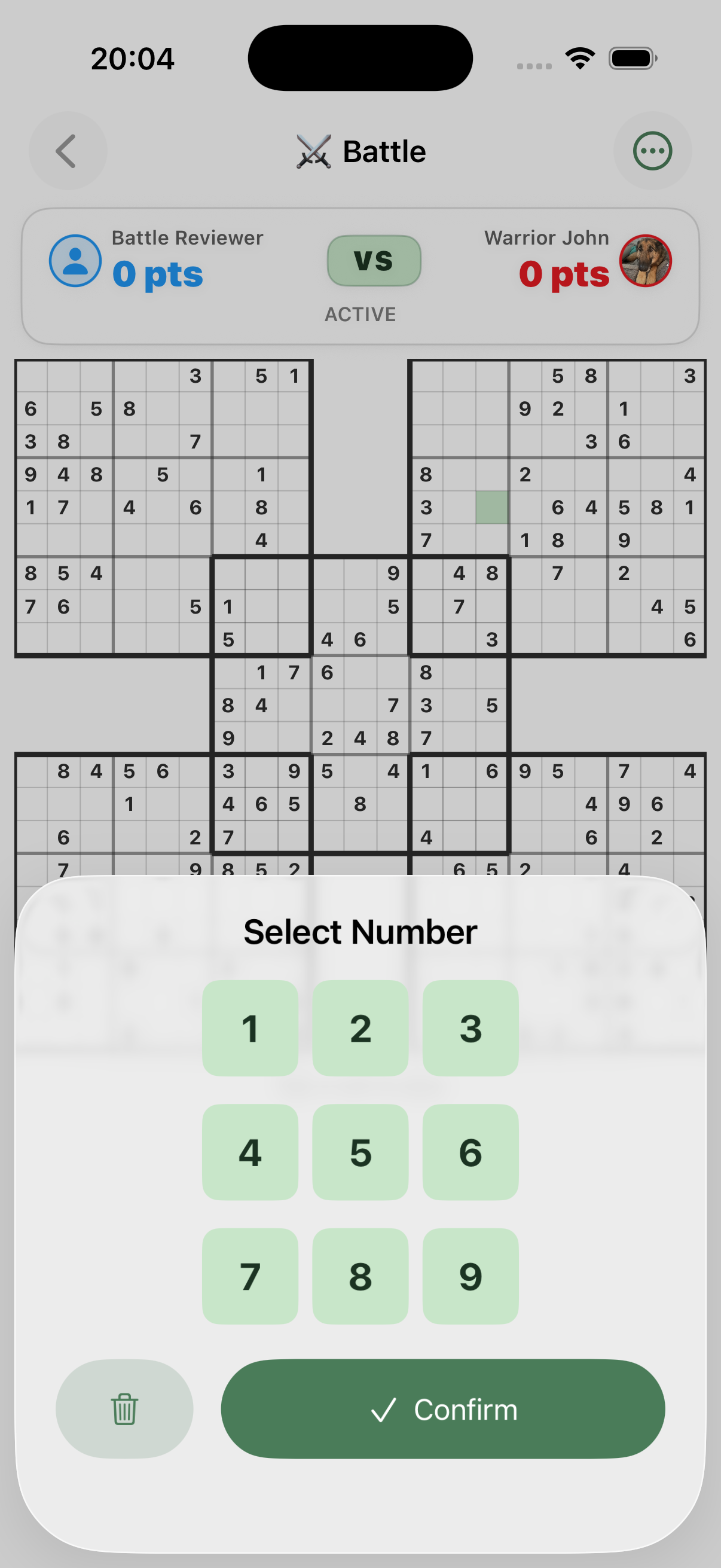 Battle Sudoku online Battle — your score and the opponent’s flank a VS pill at the top, the shared puzzle fills the screen and a number pad slides up