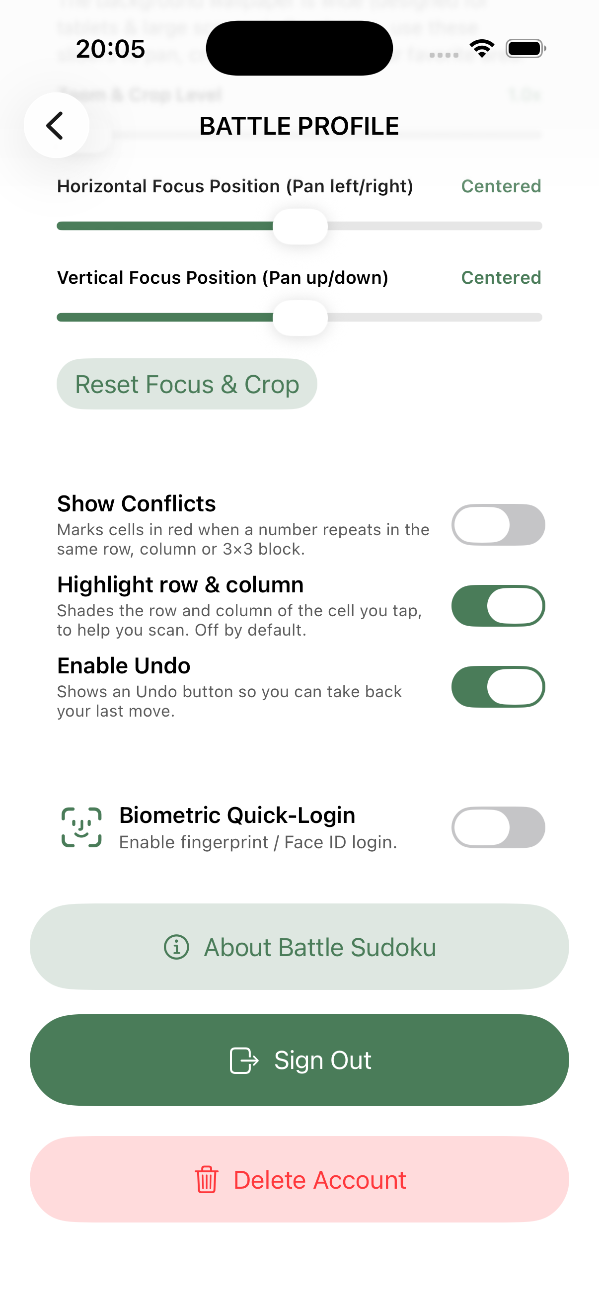 Battle Sudoku settings — toggles for Show Conflicts, Highlight row & column and Enable Undo, plus Biometric Quick-Login and account controls