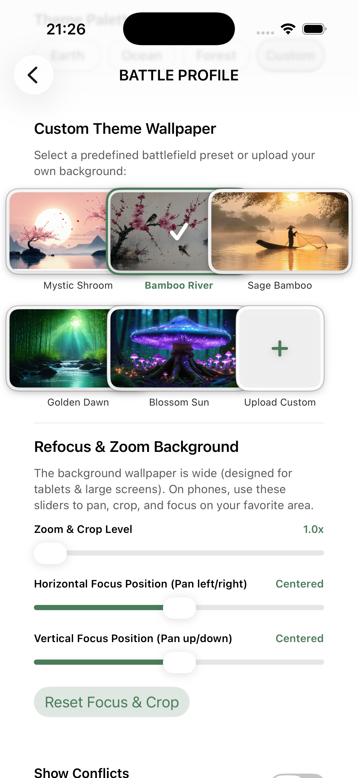 Battle Sudoku wallpaper picker showing six hand-painted preset thumbnails plus an Upload Custom tile and zoom / focus sliders