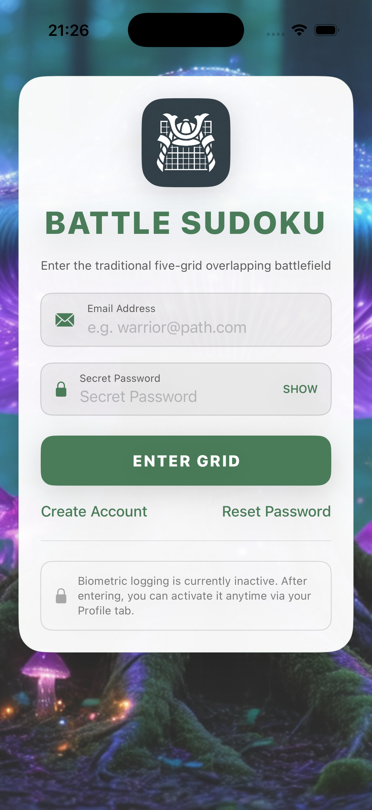 Battle Sudoku login screen with the white samurai helmet logo on a dark tile, big green ENTER GRID button and a fantasy nature wallpaper background