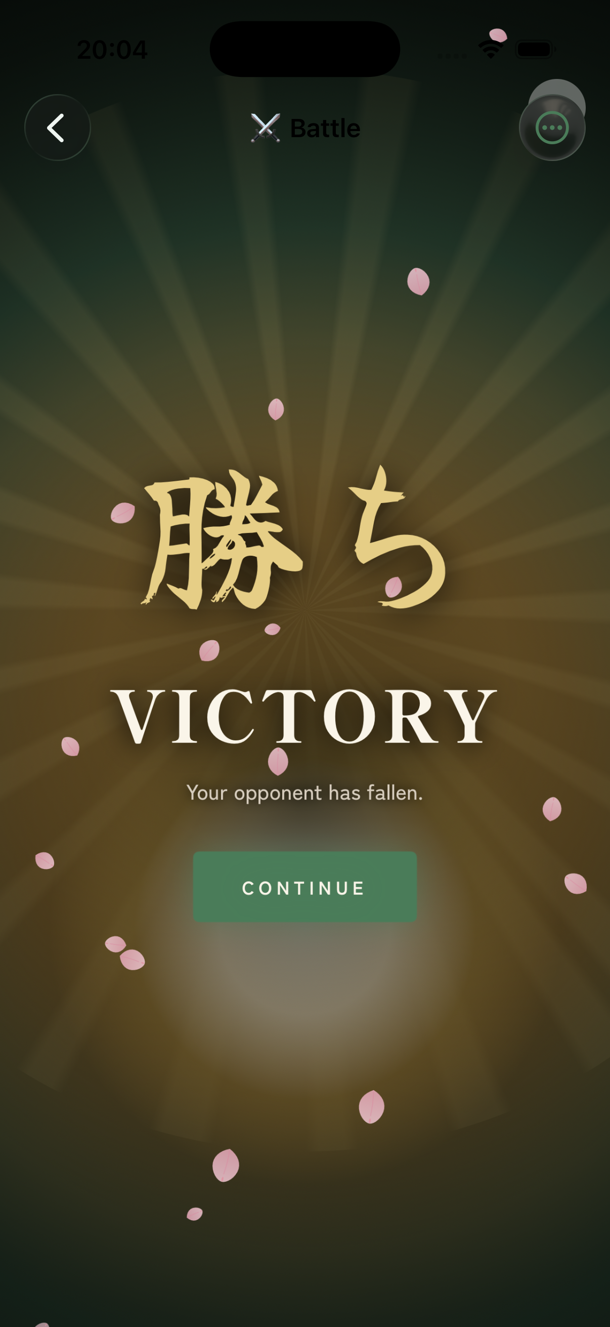 Battle Sudoku victory screen — a gold 勝ち brush stroke above the word VICTORY, “Your opponent has fallen.” and a green Continue button, with rising sakura petals